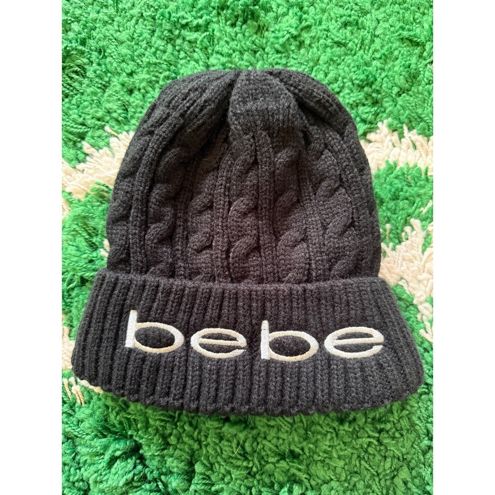 Bebe Black Cable Knit Beanie Faux Fur Lined Embroidered Logo Winter Hat BBH2P967